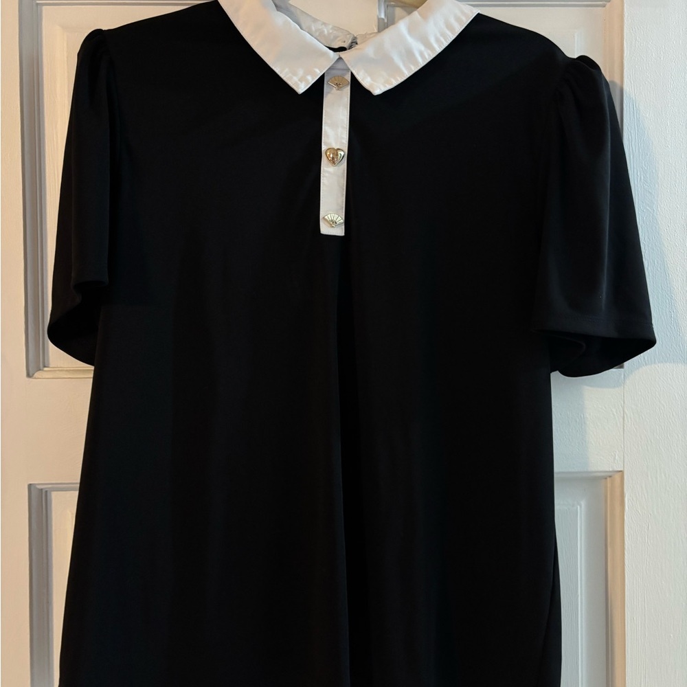 Karl Lagerfeld Black Puff Sleeve Blouse with White Contrast Collar Gold Buttons